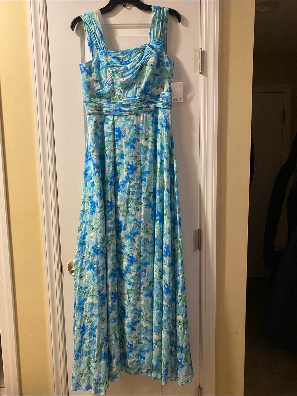 Rene Ruiz Collection Silk Blend Sparkling Silver Thread Maxi Gown NWT